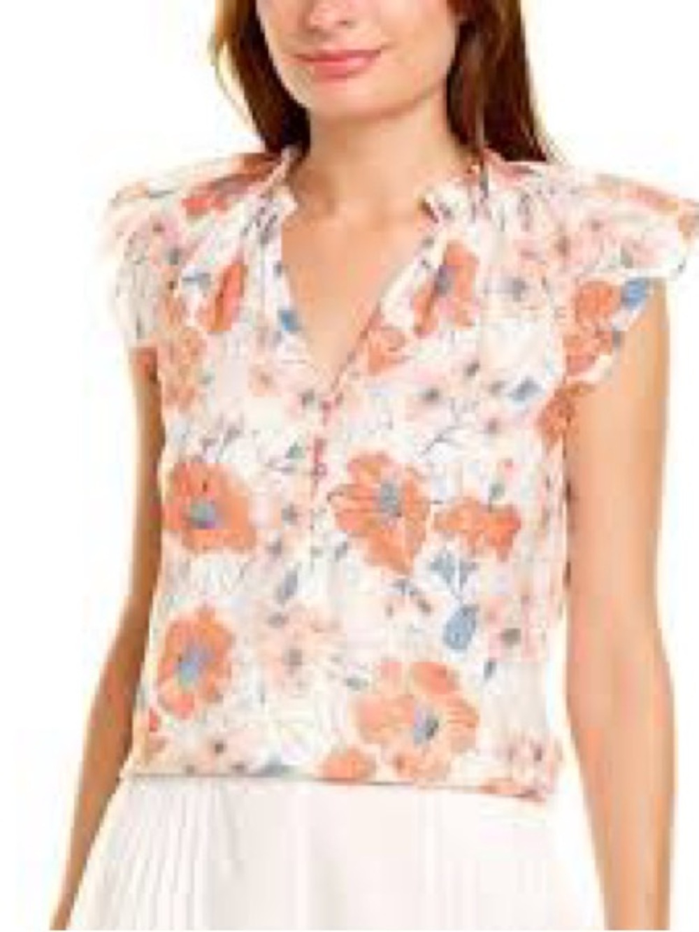 Rebecca Taylor White Floral V-Neck Top with Coral and Teal Blooms Size Small